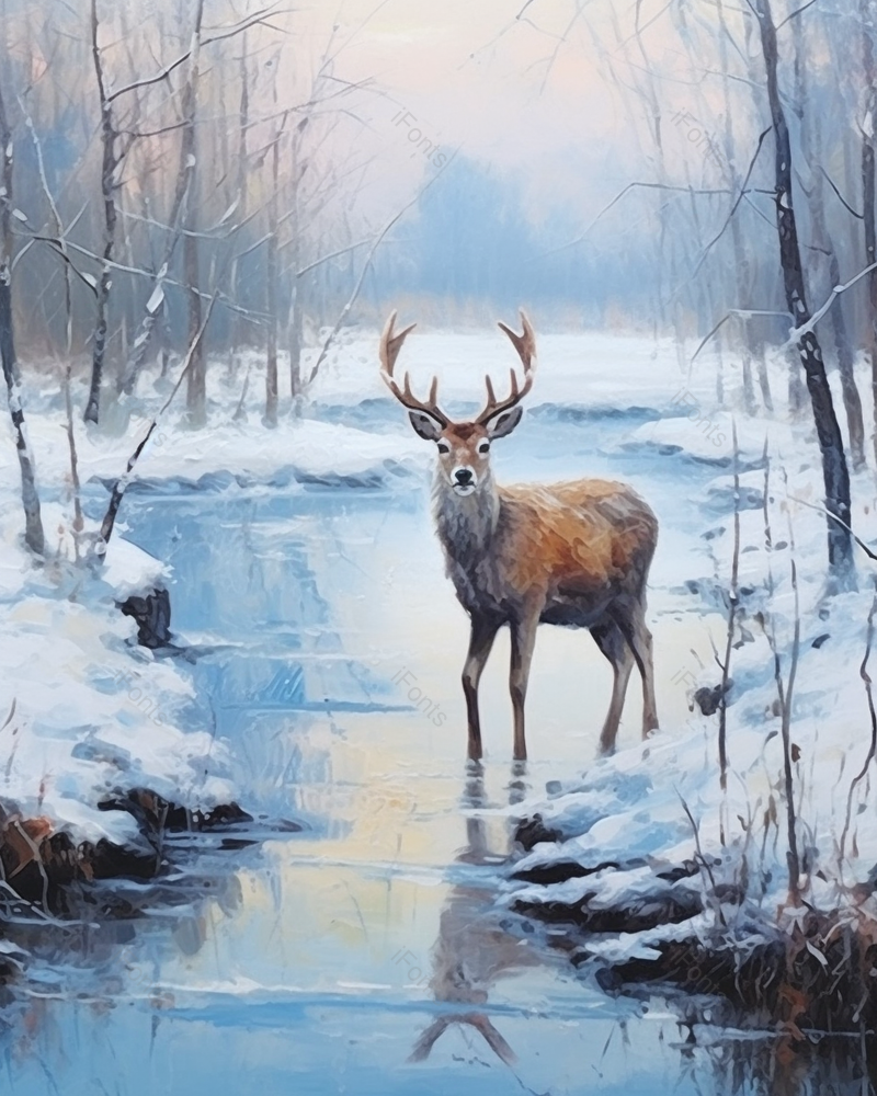 油画冬日森林中河边的雪鹿,插画/手绘图,插画/手绘图库,插画/手绘图下载,插画/手绘